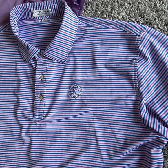 Peter Millar Summer Comfort Mens Sz M Polo Shirt Lot Of 2 Purple Solid & Striped - Picture 2 of 7